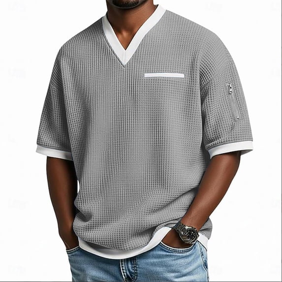 Mceream Mens T-Shirts V Neck Short Sleeve Tee Shirt Casual Casual Basic Tee Shirts Textured Color Contrast Oversized Tshirts Soft Knitted Vacation Clothes Trendy Tunic Tops Plus Size Gray L