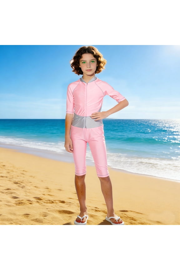 Muslim Islamic Girls One Piece Swimsuits Modesty Half Sleeves Zipper Bathing Suit Color Block Surfing Beach Swimwear 4-12 Years