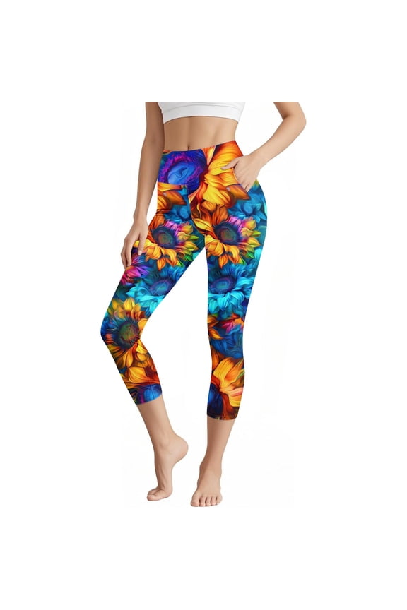 Plus Size Capri Pants for Women High Waist Stretch Printed Sports Capri Yoga Leggings Summer Training Fitness Skinny Slimming Workout Yoga Pants Multicolor XXL