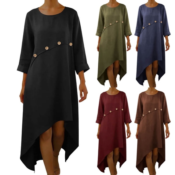 Maqroz Plus Size Dresses for Curvy Women Casual Flowy Cotton Linen Maxi Dresses Button Down Summer 3/4 Sleeve Crew Neck High Low Long Dress Irregular Sundress Black M
