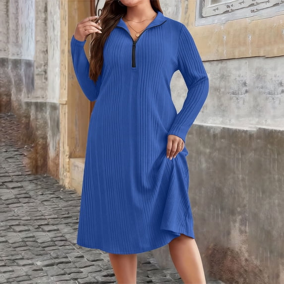Mceream Plus Size Knit Zip-Up Tunic Dress – Loose Fit, Long Sleeve, Casual Everyday Wear, Soft Cotton Blend for Comfortable Home Or Office Use Blue XXXXXL