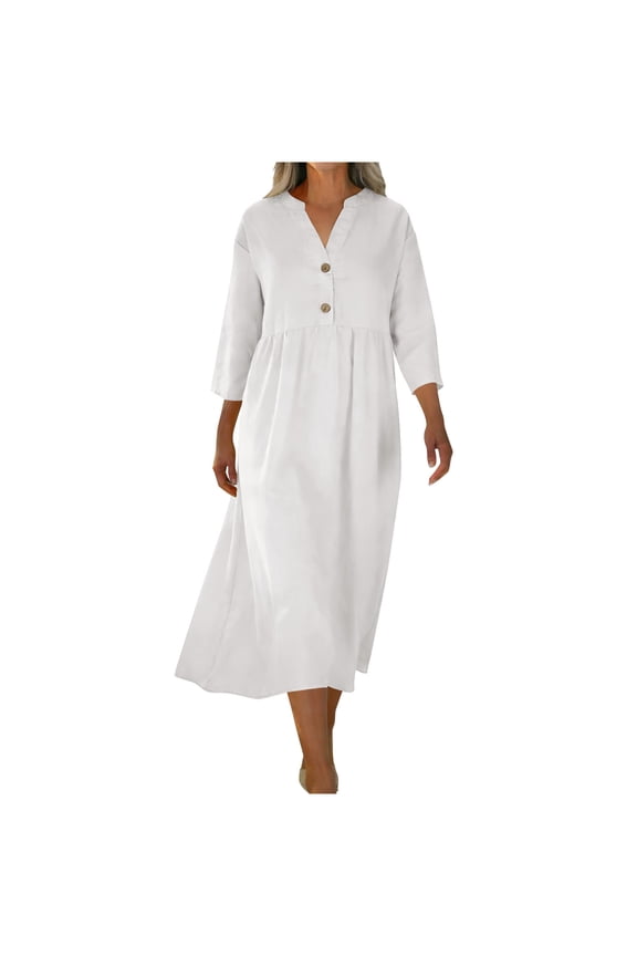 Plus Size V-Neck Long Dress with Button Front, Flowy A-Line Cut, Soft Cotton Blend for Everyday Wear & Work – Elegant & Comfortable White S