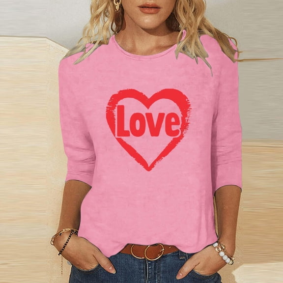 Mceream Plus Size Valentines Shirts for Women Casual Dressy 3/4 Sleeve Heart Printed Tee Shirt Love Graphic Tunic Tops Casual Holiday Crewneck Spring Vacation Outfits Pink L