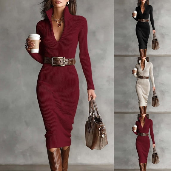 Mceream Plus Size Women's Pencil Knit Dress – High Waist Long Sleeve Bodycon Midi Dress with Belt, Elegant V-Neck Design, Stretch Cotton Blend, Ideal for Work, Coffee Dates & Weekend Style Wine M