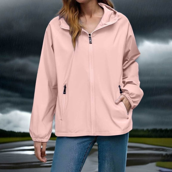 Mceream Rain Jacket for Women Waterproof Windbreaker Lightweight Hooded Raincoat with Pockets Breathable Zip up Long Sleeve Jacket for Mountain Hiking Outdoor Chamarras Para Mujer Pink XXL