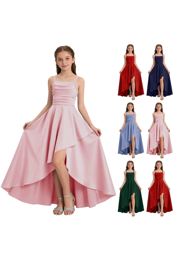 Semi formal Long Dresses for Teen Girls Spaghetti Strap Ruched High Low Satin Dress Ruffle Prom Maxi Dress Square Neck A Line formal Dress for Wedding Party 5-14 Years
