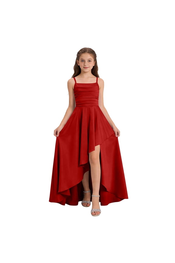 Semi formal Long Dresses for Teen Girls Spaghetti Strap Ruched High Low Satin Dress Ruffle Prom Maxi Dress Square Neck A Line formal Dress for Wedding Party 5-14 Years