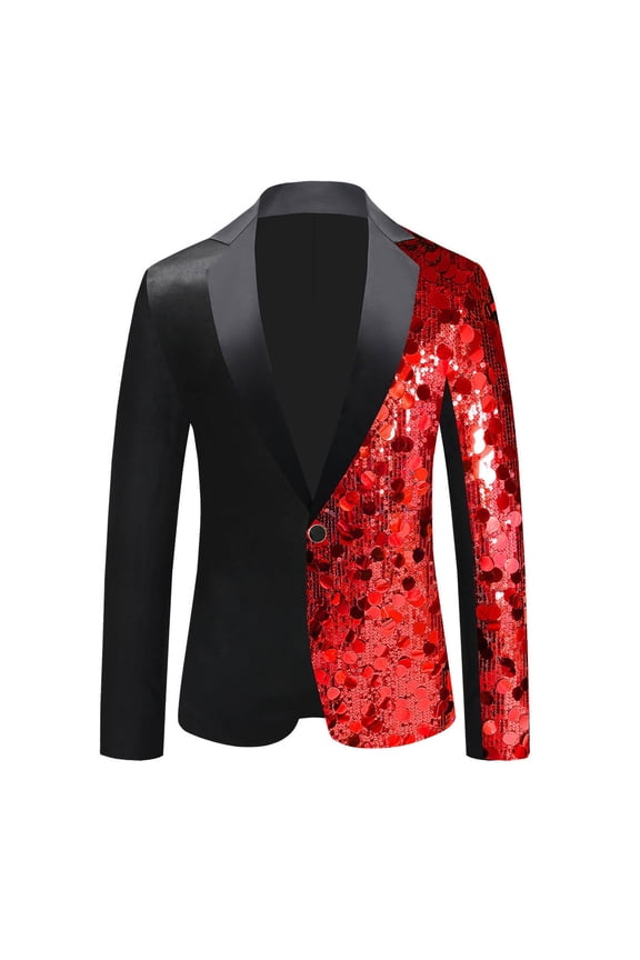 Sequin Blazers for Men Fashion Color Block Lapel Tuxedo Sparkly Patchwork Suit Jacket for Party Dance Casual Plus Size Outwear Red XL