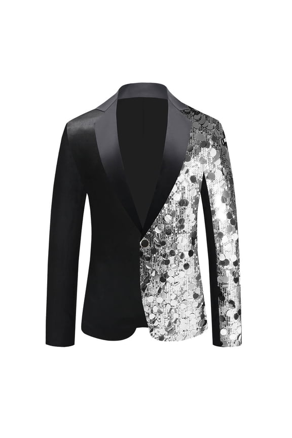 Sequin Blazers for Men Fashion Color Block Lapel Tuxedo Sparkly Patchwork Suit Jacket for Party Dance Casual Plus Size Outwear Silver L