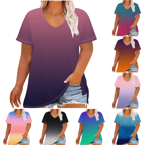 Mceream Short Sleeve Shirts for Women Plus Size V Neck Casual Oversized Tunic Tops Dressy Casual Blouses Loose Fit Basic Tee Tshirt with Curved Hem 2025 Spring Summer Fashion Outfits Clothes