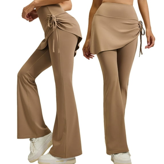 Mceream Skirted Leggings for Women Tummy Control High Waist Bootcut Workout Pants Fake Two Pieces Solid Bell Bottom Athletic Drawsting Ruffle Pleated Flare Yoga Pants Khaki L