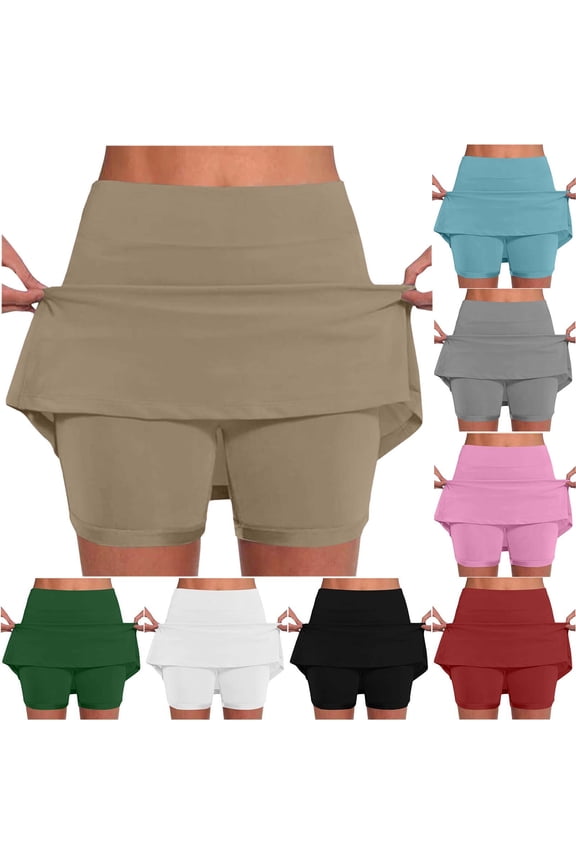 Skorts for Women with Pockets Plus Size High Waist Tummy Control Tennis Yoga Leggings Shorts Casual Athletic Tennis Mini Short Skirts Joggers Khaki S