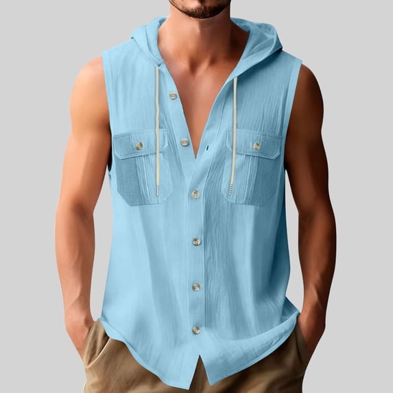 Mceream Sleeveless Hoodies for Men Cotton Linen Button up Hooded Shirts with Pockets Breathable Summer Hawaiian Vacation Beach Tops Plus Size Outfits Clothes Blue XXL