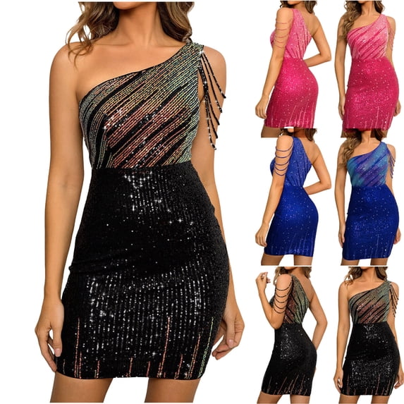 Maqroz Sparkly Sequin Dresses for Women Plus Size One Shoulder Bodycon Pencil Dress High Waist Evening Party Birthday Cocktail Mini Dress Black L