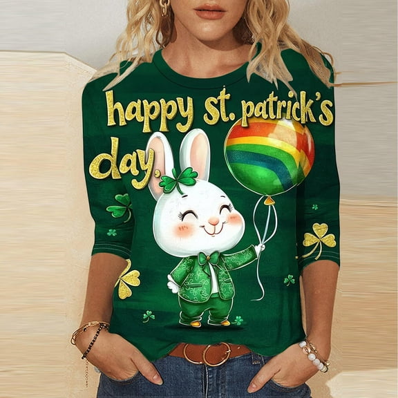 Mceream St Patrick's Day Shirts for Women Plus Size Crewneck 3/4 Sleeve Irish Clover Shirt Saint St Patty's Day 2026 Casual Tunic Tops Summer Shamrock T-Shirts plus size Army Green XXXL