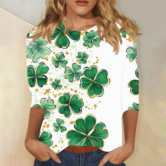 Mceream St Patty's Day Shirt Women 2026 Casual Plus Size Crew Neck 3/4 Sleeve Irish Clover Tees Funny Saint Patrick's Tunic Tops Graphic Summer Shirts Green XL