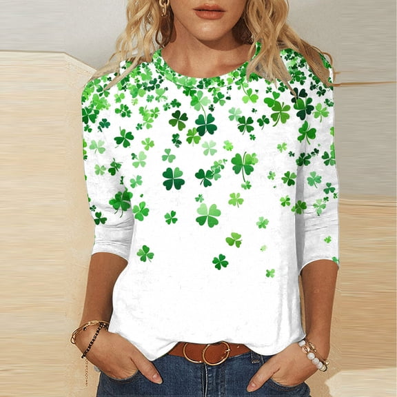 Mceream St Patty's Day Shirt Women Crew Neck 3/4 Sleeve St Patricks Day Shirt Irish Clover Shamrock Tunic Tops Spring Clothes Pullover Top for Casual Wear Green XXXXXL