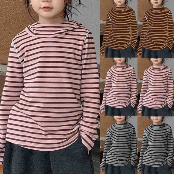 Mceream Striped Shirt for Boys Girls Long Sleeve Tshirt Spring Fall Casual Crewneck Loose Fit Fashion Hooded Blouse Tee Back to School Uniform Clothes 2-16 Years