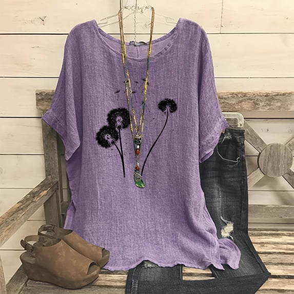Mceream Summer Blouses for Women 2026 Trendy Floral Print Round Neck Raglan Sleeve Shirts Casual Cotton Linen Asymmetrical Hem Top Loose Fit Purple L