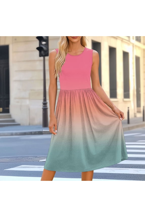 Summer Dresses for Women 2026 Vacation Lightweight Casual Sleeveless Boho Floral Print Pleated Flowy Sun Dress with Pockets Beach Spring Dress Plus Size Hot Pink XXL