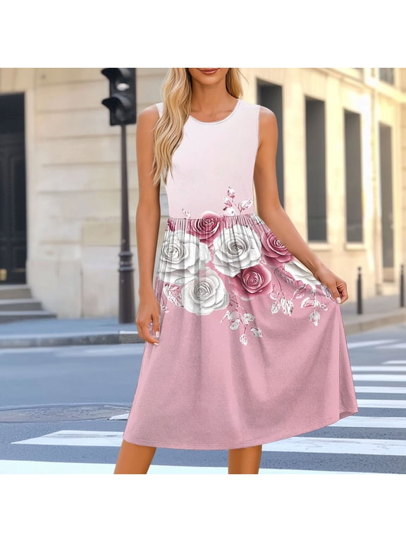 Summer Dresses for Women 2026 Vacation Lightweight Casual Sleeveless Boho Floral Print Pleated Flowy Sun Dress with Pockets Beach Spring Dress Plus Size Pink XXL