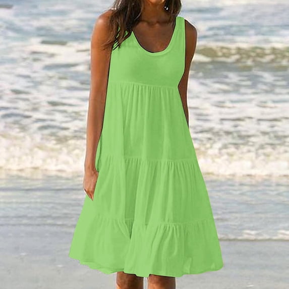 Mceream Summer Dresses for Women Plus Size Casual Crew Neck A Line Dress Sleeveless Swing Mini Beach Vacation Dresses Pleated Boho Sundress Mint Green XXXXL