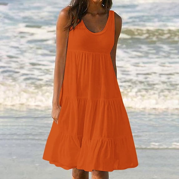 Mceream Summer Dresses for Women Plus Size Casual Crew Neck A Line Dress Sleeveless Swing Mini Beach Vacation Dresses Pleated Boho Sundress Orange XXXXXL