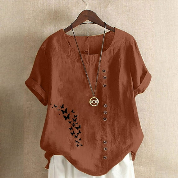 Mceream Summer Linen Tops for Women Button Down Short Sleeve Print Shirts Loose Fit Round Neck Casual Blouses Trendy Vacation Clothing Plus Size Tunic Tees Coffee M