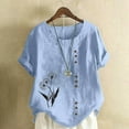 thumbnail image 1 of Mceream Summer Linen Tops for Women Button Down Short Sleeve Print Shirts Loose Fit Round Neck Casual Blouses Trendy Vacation Clothing Plus Size Tunic Tees Light Blue M, 1 of 4