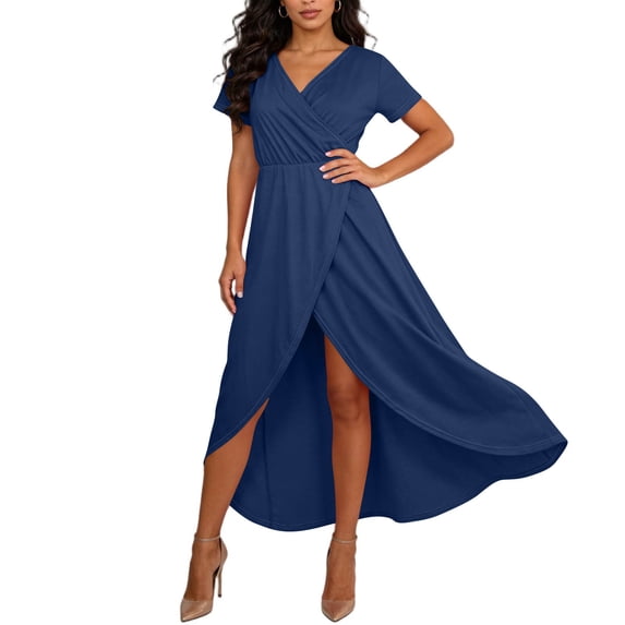 Maqroz Sundresses for Women Plus Size 2026 Summer Short Sleeve Wrap V Neck A-Line Maxi Dress Casual Ruffle Split Flowy Boho Travel Beach Vacation Dresses Navy XXL