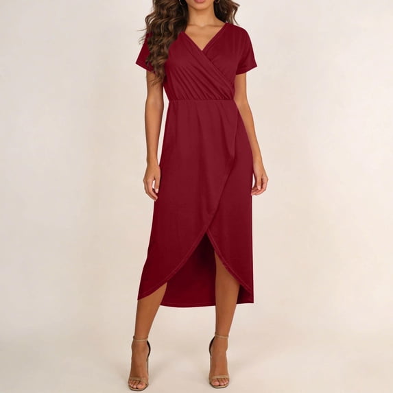 Maqroz Sundresses for Women Plus Size 2026 Summer Short Sleeve Wrap V Neck A-Line Maxi Dress Casual Ruffle Split Flowy Boho Travel Beach Vacation Dresses Wine S