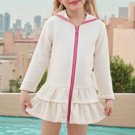 Mceream Swimsuit for Girls One Piece Skirt Long Sleeve Zipper Beach Dress Cute Cover ups Ruffle Bathing Suit Teens Quick Dry Kimono Swimwear Pool Beach Beachwear 2-12 Years