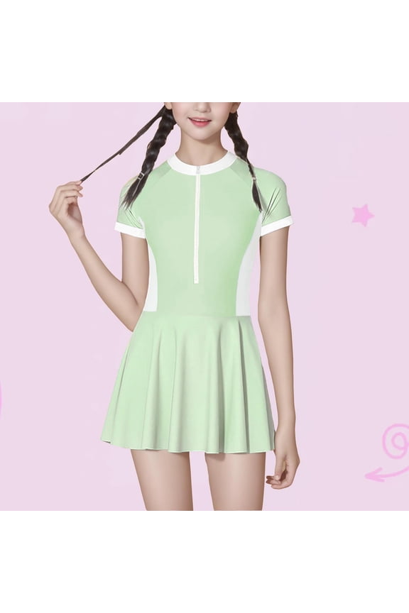 Teen Girls One Piece Swimsuit with Skirt Front Zipper Short Sleeves Chest Pads Quick Dry Swim Dress Sun Protection Swimwear Bathing Suit for Holiday 7-14 Years