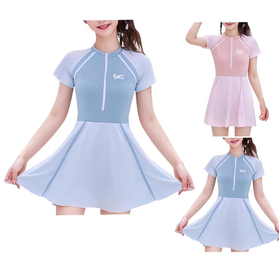 Mceream Teen Girls One Piece Swimsuit with Skirt Front Zipper Short Sleeves Chest Pads Quick Dry Swim Dress Sun Protection Swimwear Bathing Suit for Holiday 7-14 Years
