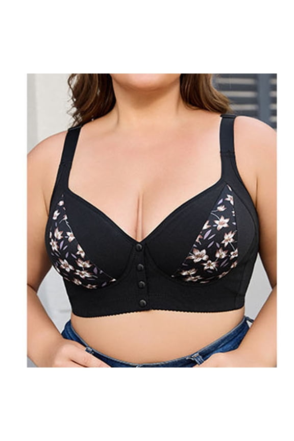No Underwire Bras for Women Plus Size Push up Front Button Closure Wireless Printed Wide Strap Bra Full Coverage Seamless Bras Sostenes Para Mujer Levanta Busto