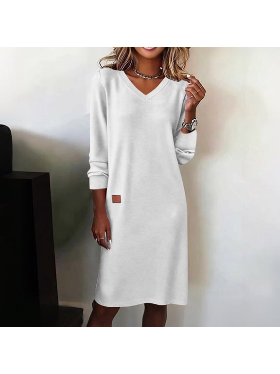 V-Neck Long Sleeve Shift Dress – Side Slit, Soft Fabric, Loose Fit, Comfortable Daily Wear for Office, Coffee Dates & Travel Gray XXXL