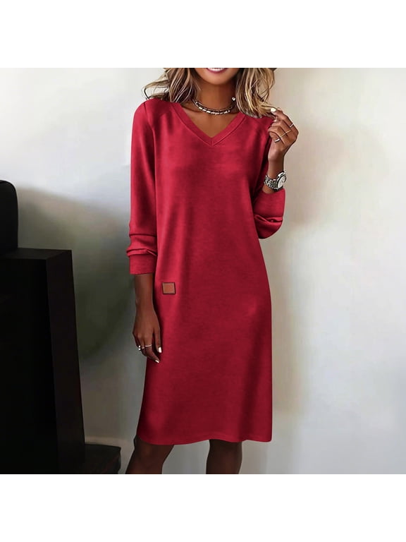 V-Neck Long Sleeve Shift Dress – Side Slit, Soft Fabric, Loose Fit, Comfortable Daily Wear for Office, Coffee Dates & Travel Red XXXL