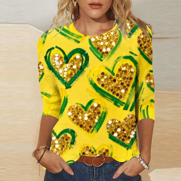 Mceream Valentine 3/4 Sleeve Crew Neck T Shirts for Women Love Heart Printed Graphic T-Shirt Fashion Holiday Valentine Gift Tee Tops Plus Size Outfits Clothes Casual Spring Day Blouse Multicolor S