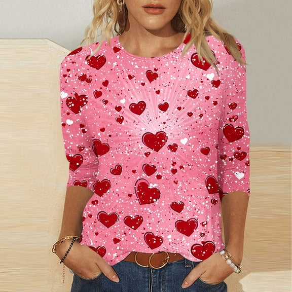 Mceream Valentine Shirts for Women Dressy 3/4 Length Sleeve Tops Plus Size Fashion Cute Heart Printed 2026 Crew Neck Holiday Tunic Tops Blouses Camisas De San Valentin Mujer Pink S