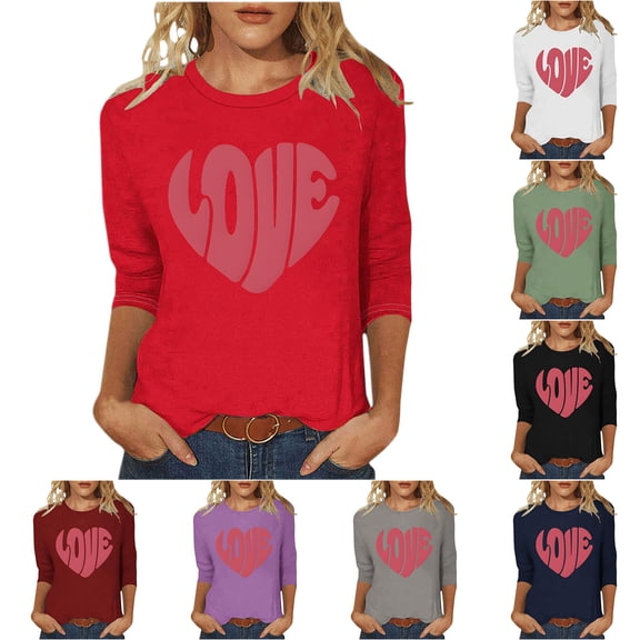 Mceream Valentines Day 3/4 Sleeve Tops for Women Fashion Classic Round Neck Printed Valentines Shirts Cute Casual Loose Fit Blouses Tshirts Graphic Tees Tunics Plus Size Clothes Red S