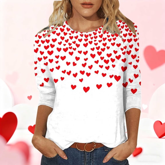 Mceream Valentines Shirts for Women 3/4 Sleeve Crew Neck Summer Tunic Tops Cute Love Heart Print Graphic Tees Causal Loose Fit Blouses Holiday Outfits Plus Size Clothes White L