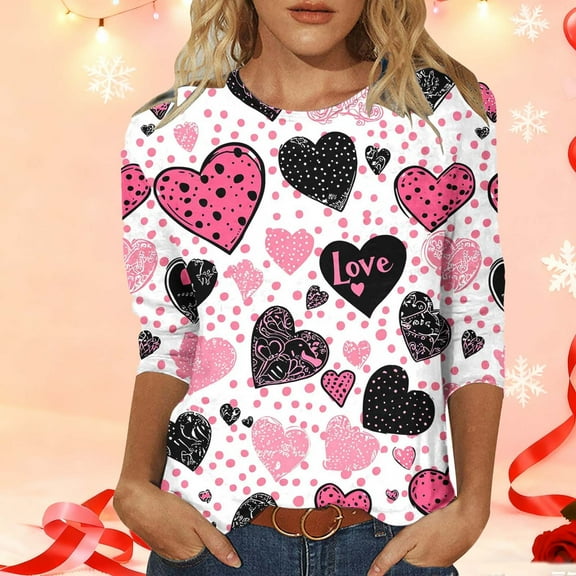 Mceream Valentines Shirts for Women Dressy Casual 3/4 Sleeve Tops Cute Love Heart Print Pullover Tops Plus Size Crewneck T Shirts Loose Holiday Outfits 2026 Camisas De San Valentin Mujer White XL