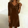 thumbnail image 1 of Mceream Velvet Dress for Women Plus Size 3/4 Sleeve V Neck Twist Front Casual Midi Dress Elegant Cocktail Party Wedding Guest Dress Brown S, 1 of 7