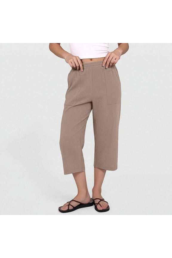 Wide Leg Capri Pants for Women Plus Size Cotton Linen Summer Lightweight Cropped Boho Pants Drawstring Elastic Waist Cropped Pants with Pockets for Casual Summer Beach Loose Fit Coffee S