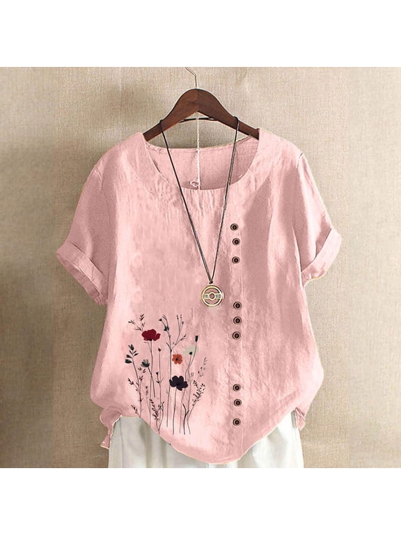 Woman Cotton Linen Top Boho Floral Printed Shirts Summer Button Down Short Sleeve Round Neck Blouses Fashion Spring Clothes Pink M