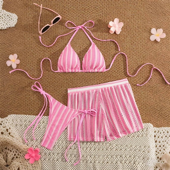 Mceream Women Bikini Sets Swimsuits Color Block Three Piece Drawstring Bathing Suit Pink L