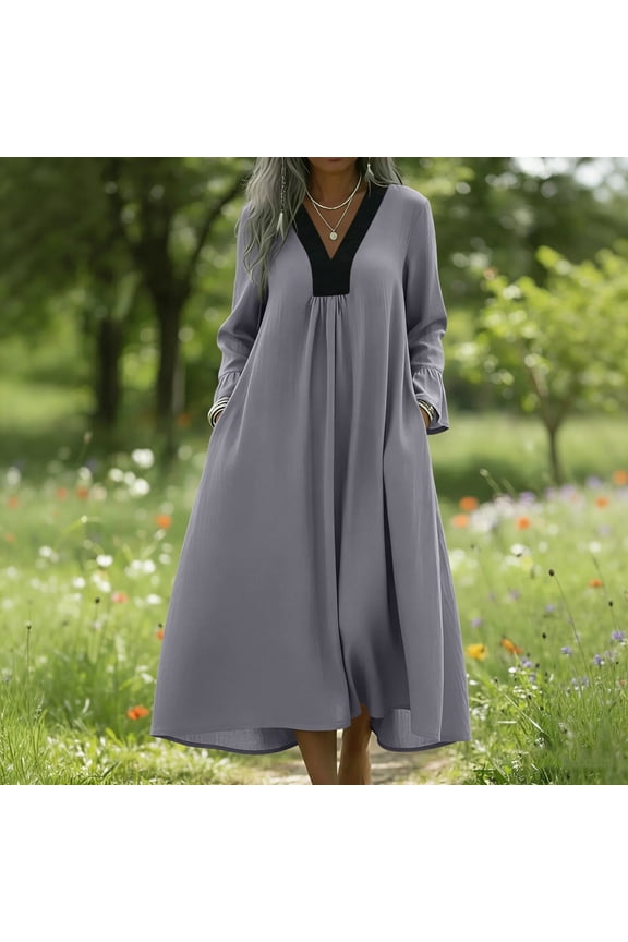 Women Dresses for Summer Long Elegant Cotton Linen Maxi Dresses Summer Colorblock Loose V Neck Long Sleeve Swing Casual Dress with Pockets Vestido Para Fiesta Gray L