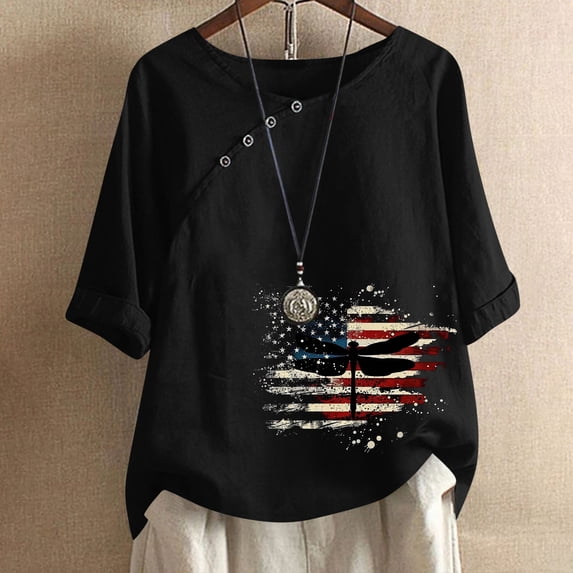 Mceream Women Funny 4th of July Outfits Shirts Cotton Linen Button Down Crew Neck Short Sleeve Patriotic T Shirt American Flag Summer Graphic Loose Tees Tops Trendy Clothing Black L