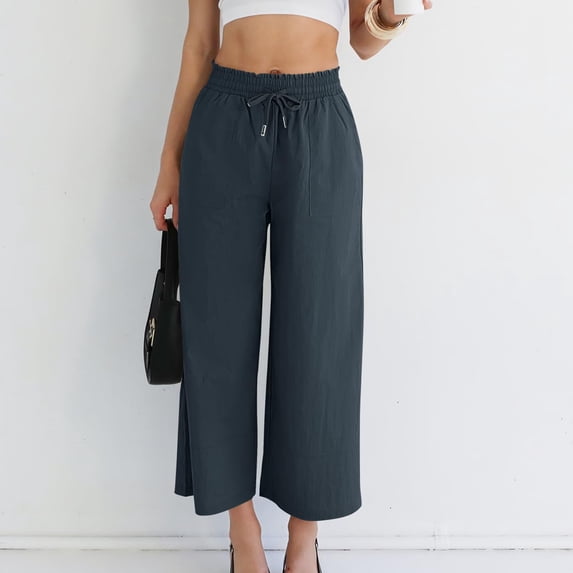 Mceream Women Linen Pants Wide Leg Casual Palazzo Pants Cotton Flowy Drawstring Elastic Waist Trousers with Pockets Drawstring Elastic Waist Trousers with Pockets Navy L