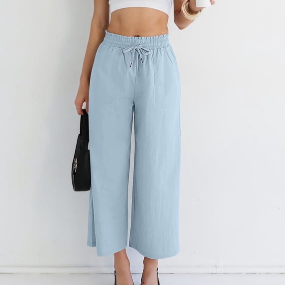 Mceream Women Linen Pants Wide Leg Casual Palazzo Pants Cotton Flowy Drawstring Elastic Waist Trousers with Pockets Drawstring Elastic Waist Trousers with Pockets Blue M
